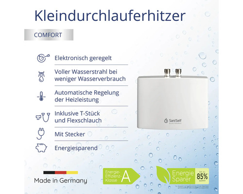 Elektronisch geregelter Kleindurchlauferhitzer mit Energiesparfunktion und Made in Germany Siegel