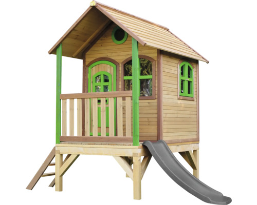 Spielhaus Spielturm axi Tom 191 x 287 cm Holz,Kunststoff braun, grün, grau bestehend aus Grundturm, Rutsche grau Spielhaus aus Holz mit Rutsche und Leiter