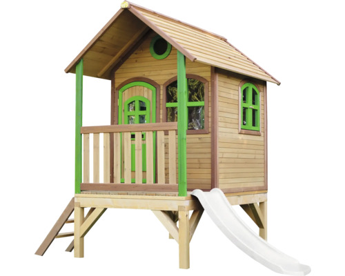 Spielhaus Spielturm axi Tom 191 x 287 cm Holz braun, grün bestehend aus Grundturm, Rutsche weiß Spielhaus aus Holz mit Rutsche und Leiter