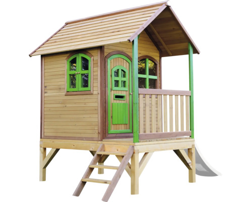 Cabane de jeux en bois avec véranda, toboggan et échelle