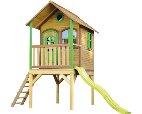Spielhaus Spielturm axi Laura 191 x 318 cm Holz braun, grün bestehend aus Grundturm, Rutsche hellgrün Spielhaus aus Holz mit Rutsche und Leiter
