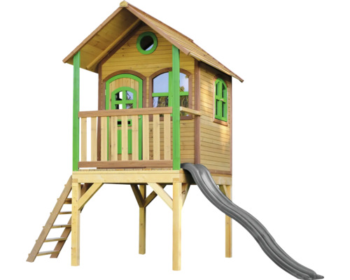 Spielhaus Spielturm axi Laura 191 x 318 cm Holz braun, grün bestehend aus Grundturm, graue Rutsche Spielhaus aus Holz mit Rutsche und Leiter