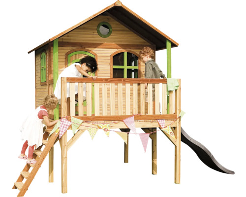 Cabane de jeux tour de jeux axi Sophie 212 x 380 cm bois marron, vert avec tour de base, toboggan gris Maison de jeu en bois avec échelle et toboggan pour enfants