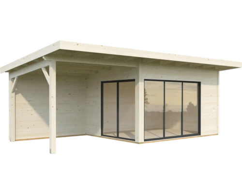 Holzgartenhaus mit überdachter Veranda und Glasschiebetüren