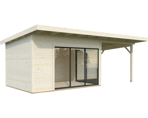 Holzgartenhaus mit Schiebetüren und Vordach