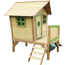 Holzspielhaus mit Tür, Fenstern, Leiter und Rutsche für den Garten