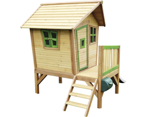 Holzspielhaus mit Tür, Fenstern, Leiter und Rutsche für den Garten