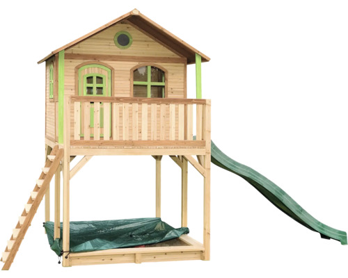 Cabane de jeux tour de jeux axi 212 x 480 cm bois marron, vert avec tour de base, toboggan vert Maisonnette en bois avec toboggan et bac à sable