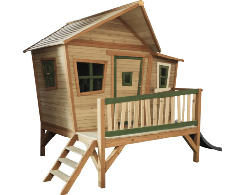 Holzspielhaus mit Treppe, Veranda und Rutsche für den Garten