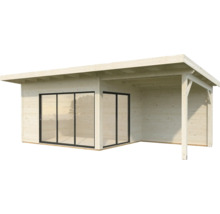 Abri de jardin moderne en bois avec façade en verre et terrasse couverte