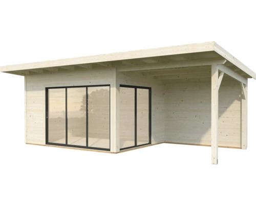 Modernes Gartenhaus aus Holz mit Glasfront und überdachter Terrasse