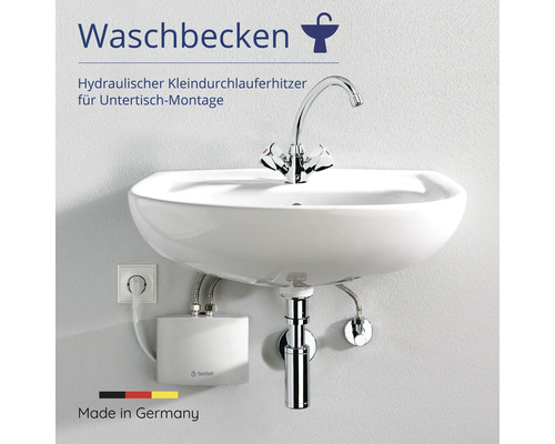 Aufputzwaschbecken mit hydraulischem Kleindurchlauferhitzer für die Untertischmontage