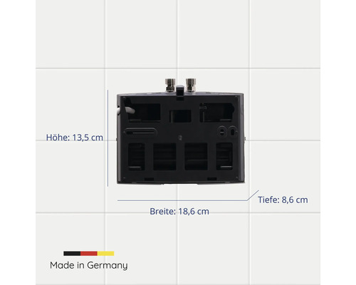 Schwarzes Gehäuse für elektronische Geräte mit den Maßen 13,5 cm Höhe, 18,6 cm Breite und 8,6 cm Tiefe, hergestellt in Deutschland