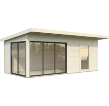 Modernes Gartenhaus mit großen Fensterfronten und Flachdach