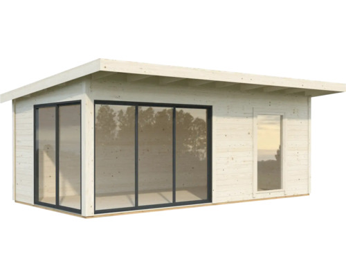 Abri de jardin moderne avec de grandes baies vitrées et un toit plat