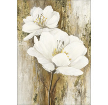 Peinture avec des fleurs blanches sur un fond marron