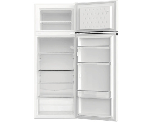 Réfrigérateur ouvert avec compartiment congélateur et plusieurs étagères.