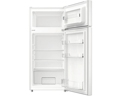 Geöffneter Kühlschrank mit Gefrierfach oben und mehreren Regalen