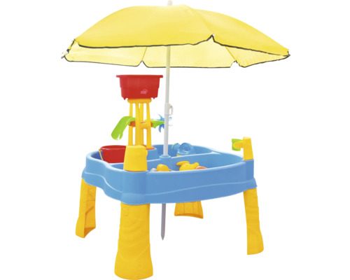 Sandtisch mit Sonnenschirm und Spielzeug für den Aussenbereich