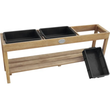 Holzpflanztisch mit drei schwarzen Pflanzkästen und Ablage