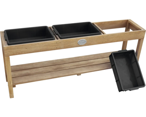 Holzpflanztisch mit drei schwarzen Pflanzkästen und Ablage