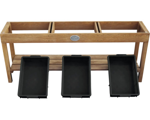Holz Pflanztisch mit drei schwarzen Pflanzkästen