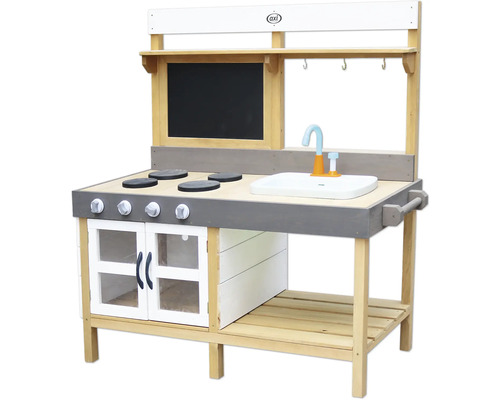 Kinderküche aus Holz mit Spüle, Herdplatten, Ofen und Kreidetafel