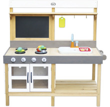 Spielküche aus Holz mit Herdplatten, Spüle und Tafel