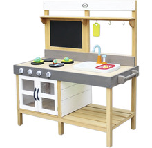 Spielküche aus Holz mit Spüle, Herdplatten und Tafel