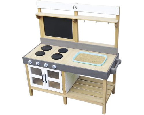 Spielküche aus Holz mit Kochfeld, Tafel und Zubehör