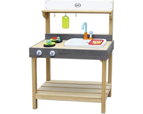 Spielküche aus Holz mit Spüle, Armatur und Zubehör.