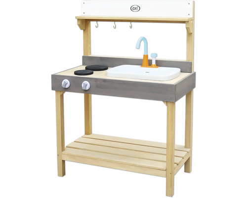 Spielküche aus Holz mit Spüle, Wasserhahn und Kochplatten