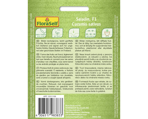 FloraSelf Logo, Saladin F1 Gurkensamen Packung