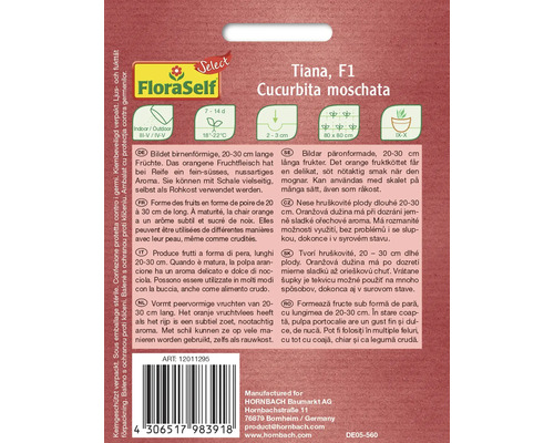 Sachet de graines de courge Tiana F1, contient des informations sur la culture et les propriétés