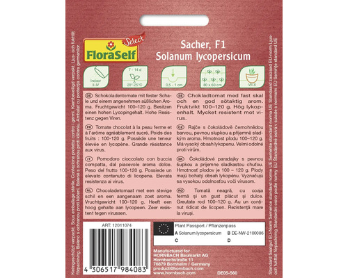 Emballage de graines de tomates chocolat FloraSelf Sacher F1 de l''espèce Solanum lycopersicum