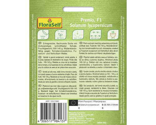 Emballage de graines de tomates Premio F1 Solanum lycopersicum