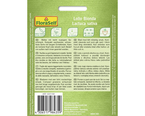 Dos du sachet de graines Lollo Bionda Lactuca sativa avec des informations sur la culture et la récolte