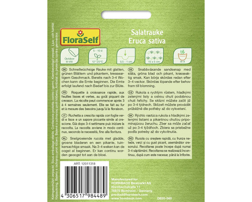 Salatrauke Saatgutpackung der Marke FloraSelf mit Informationen zu Anbau und Ernte