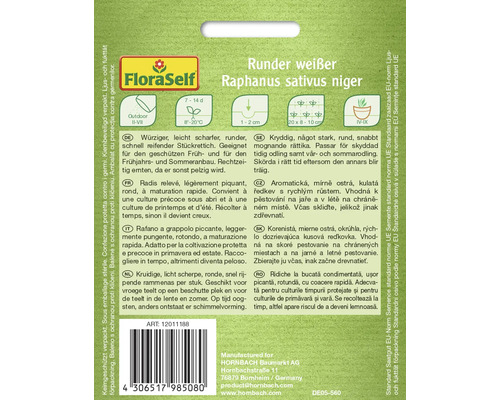 Logo FloraSelf, emballage radis rond blanc Raphanus sativus niger