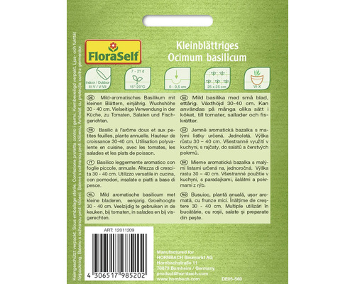 Emballage contenant des graines de basilic à petites feuilles (Ocimum basilicum)