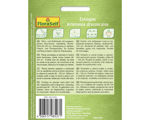 FloraSelf Estragon Saatgutpackung mit Informationen zu Anbau und Verwendung