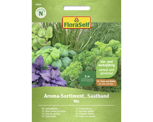 Gartenkräuter Aroma Sortiment, 5 m Saatband FloraSelf Samenfestes Saatgut Kräutersamen, Kombination aus Petersilie, Schnittlauch, Basilikum, Dill, Bohnenkraut, Majoran und Zitronenmelisse Aromasortiment Saatband von FloraSelf mit verschiedenen Gartenkräutern