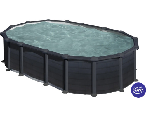 Ensemble de piscine hors sol à paroi en acier Gre ovale 634x399x132 cm avec groupe de filtration à sable, skimmer, échelle, sable de filtration et intissé de protection du sol gris