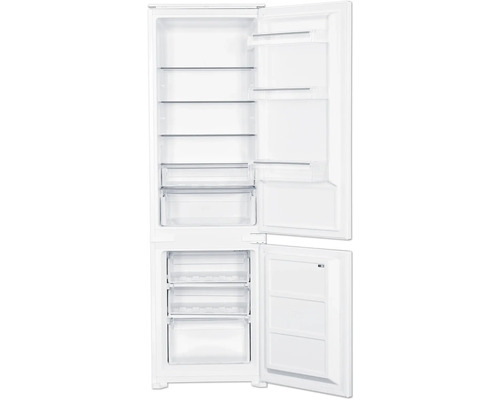 Réfrigérateur-congélateur ouvert avec étagères en verre et tiroirs