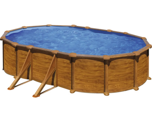 Ensemble de piscine hors sol à paroi en acier Gre ovale 634x575x132 cm avec groupe de filtration à sable, skimmer, échelle, sable de filtration et intissé de protection du sol aspect bois