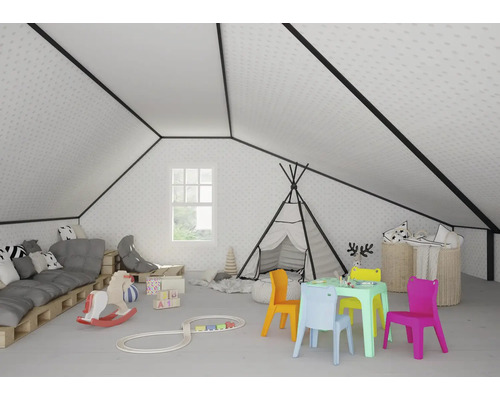 Helles Spielzimmer im Dachgeschoss mit Kindermöbeln, Spielzeug und einem Tipi-Zelt