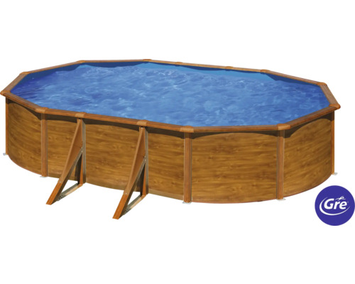 Aufstellpool Stahlwandpool-Set Gre oval 634x575x122 cm inkl. Sandfilteranlage, Skimmer, Leiter & Filtersand Holzoptik