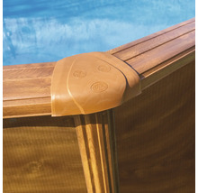 Detailansicht eines Frame Pools mit braunen Poolrahmen und Eckverbindern.