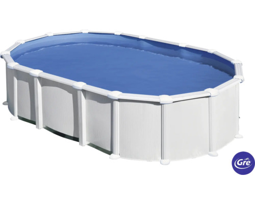 Ensemble de piscine hors sol à paroi en acier Gre ovale 634x399x132 cm avec groupe de filtration à sable, skimmer, échelle, sable de filtration et intissé de protection du sol blanc