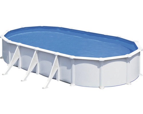 Ensemble de piscine hors sol à paroi en acier Gre ovale 815x670x132 cm avec groupe de filtration à sable, skimmer, échelle, sable de filtration et intissé de protection du sol blanc